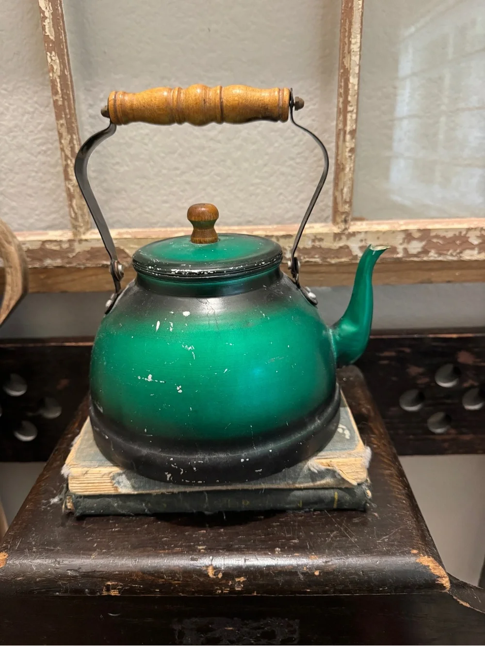 Green Vintage Tea Kettle with Wooden Handle